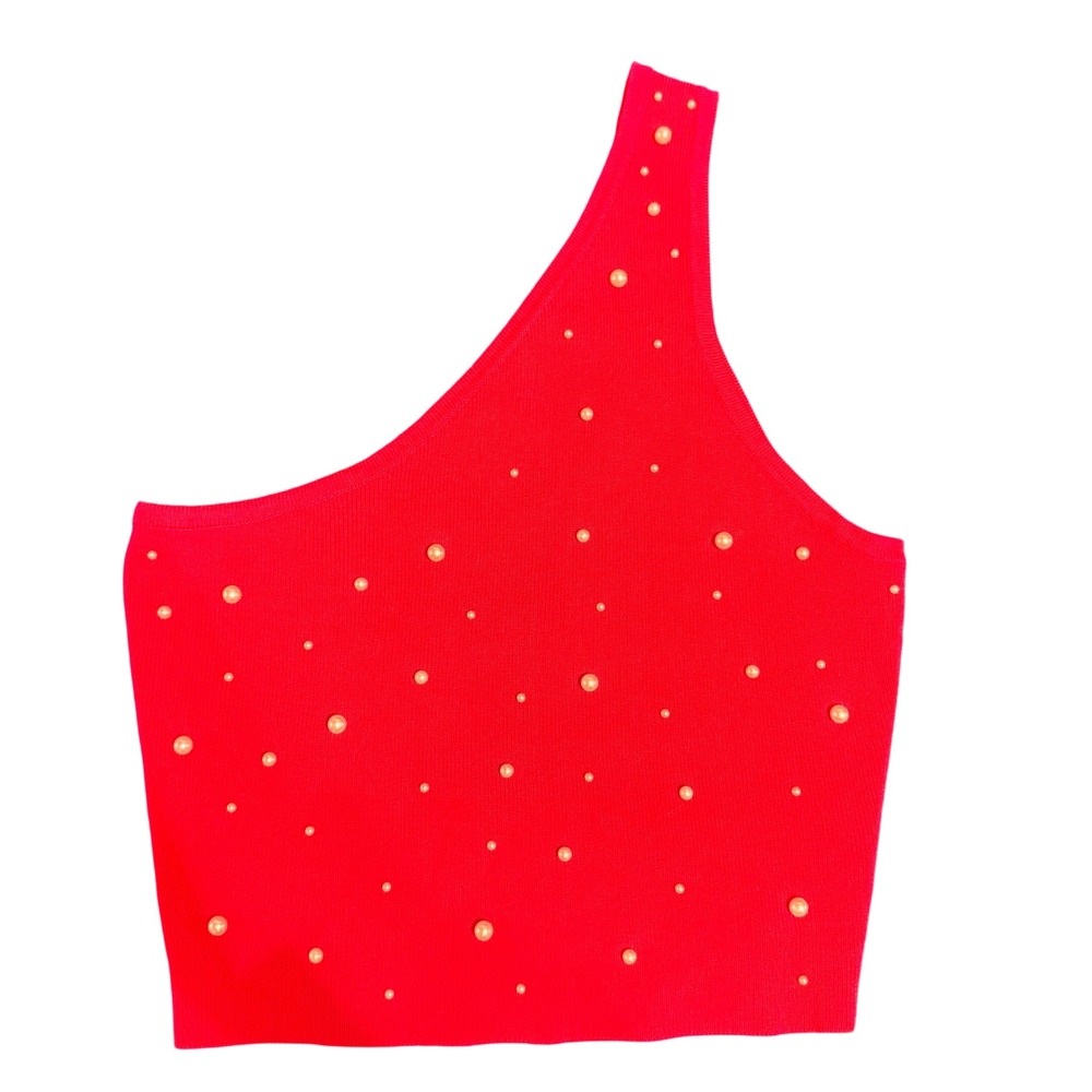 Love Tree‎ Womens Large Pearl Embellished One Shoulder Crop Top Pink